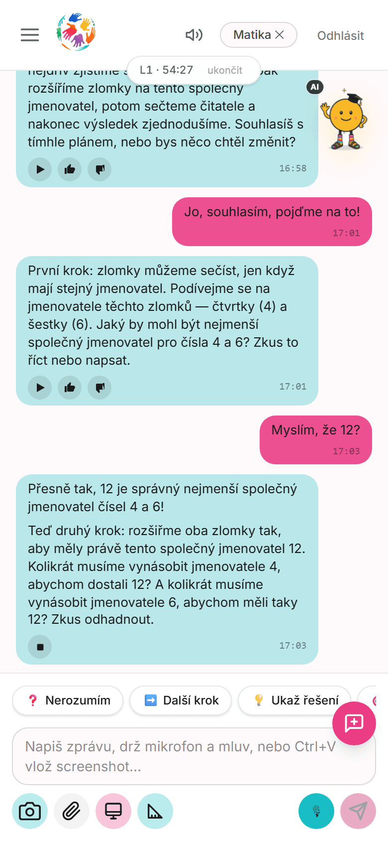 Doučík v telefonu — chat s vysvětlením krok po kroku